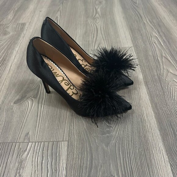 Sam Edelman Black Satin Feather Puff Pointed Toe Heels Women’s Size 7 - Picture 1 of 5